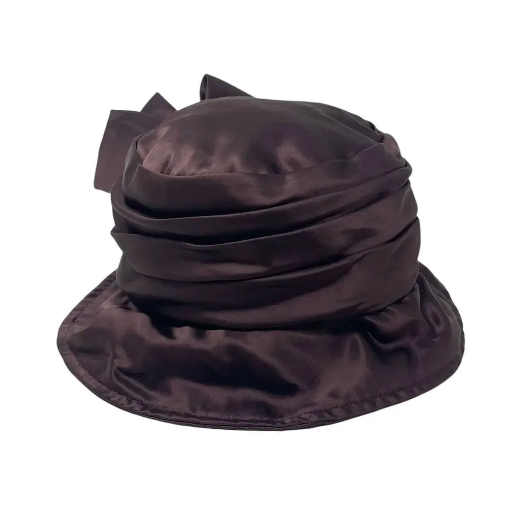 NWT Vintage KOKIN New York Cloche Bucket Hat - Brown Satin - Dramatic Bow 1920s